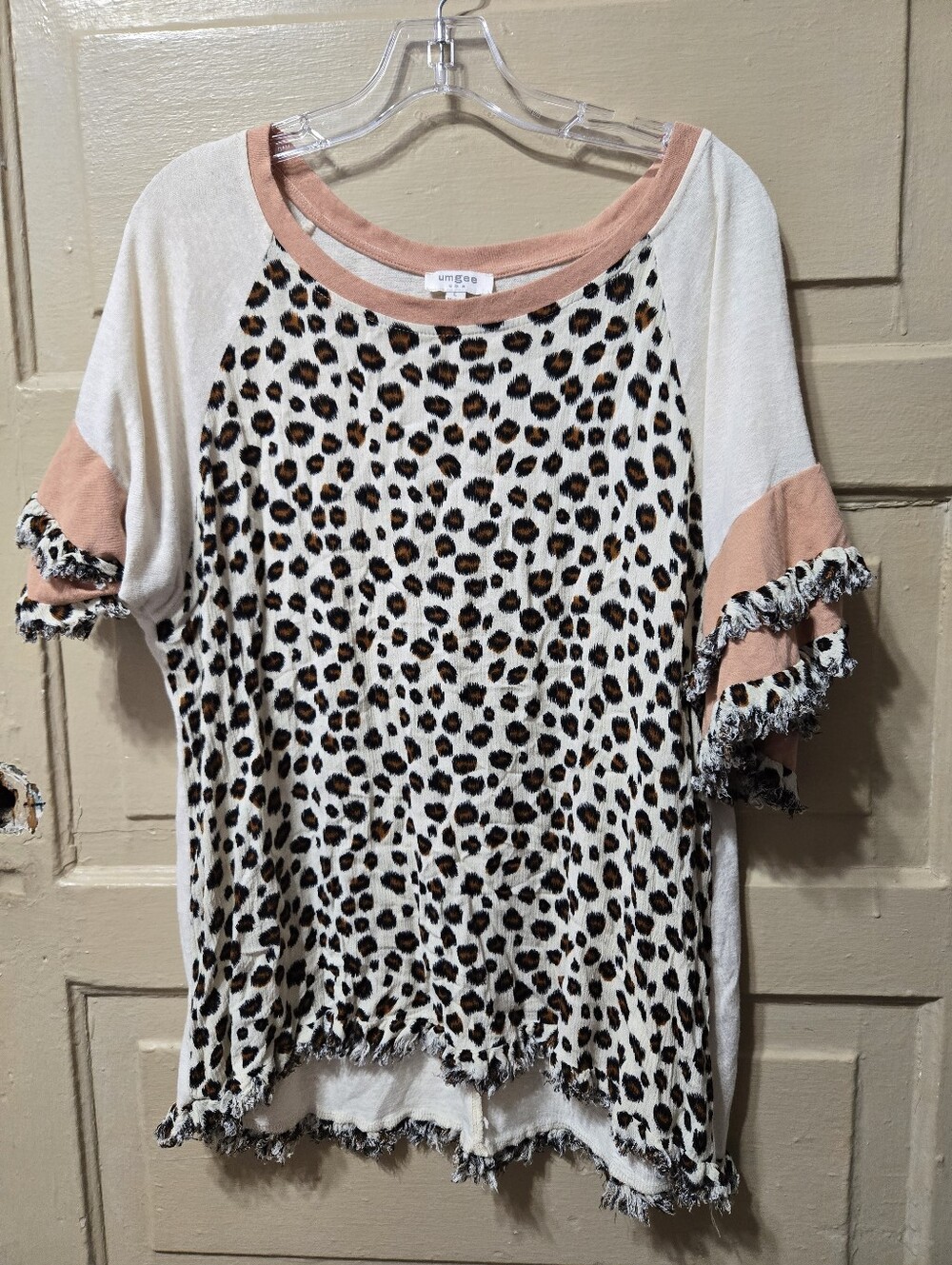 Umgee Animal Print Ruffle Sleeve Cottin Blend Top